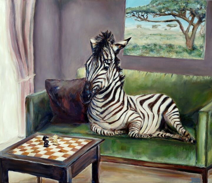 Painting titled "Zebra At The Chess…" by Jura Kuba, Original Artwork, Oil Mounted on Wood Stretcher frame