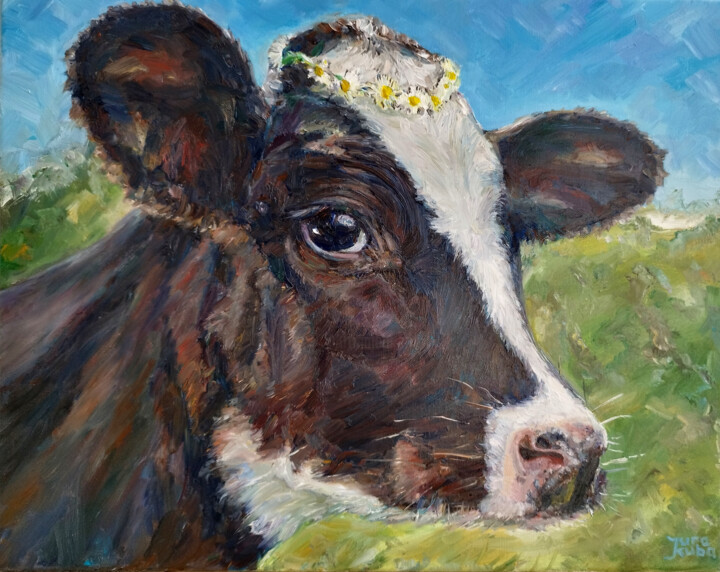 Ζωγραφική με τίτλο "Kamille, The Cow" από Jura Kuba, Αυθεντικά έργα τέχνης, Λάδι Τοποθετήθηκε στο Ξύλινο φορείο σκελετό