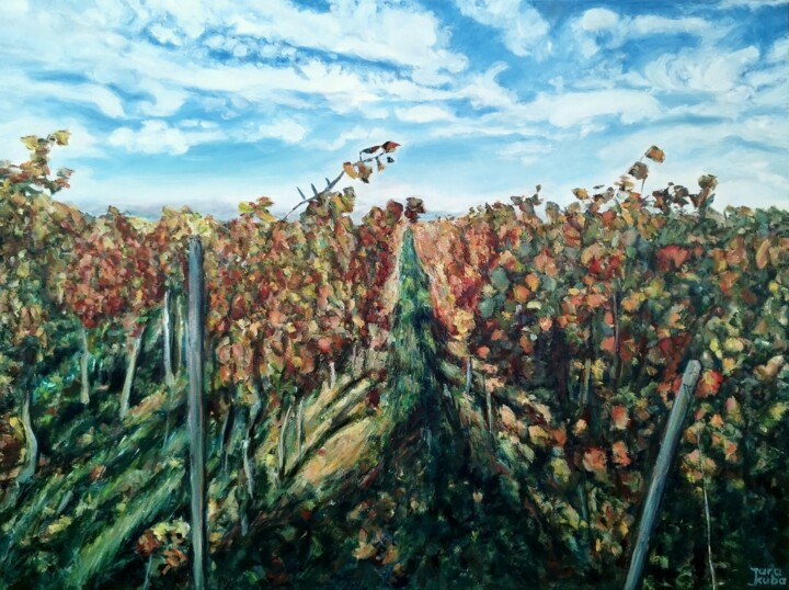 Painting titled "Vineyards in Autumn…" by Jura Kuba, Original Artwork, Oil Mounted on Wood Stretcher frame