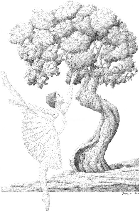 Disegno intitolato "tree - ballerina" da Jure Kralj, Opera d'arte originale, Inchiostro