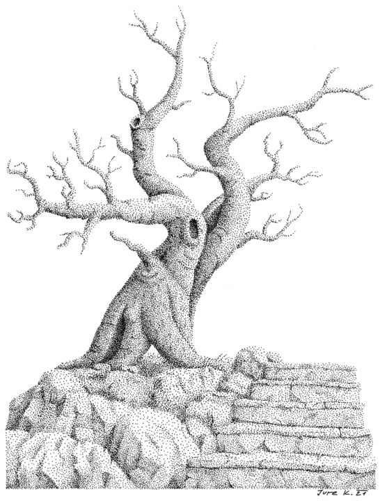 Zeichnungen mit dem Titel "tree-five steps" von Jure Kralj, Original-Kunstwerk, Tinte