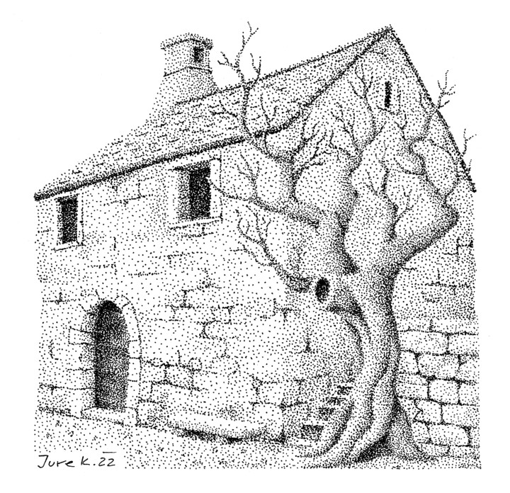 Disegno intitolato "Karst house" da Jure Kralj, Opera d'arte originale, Inchiostro