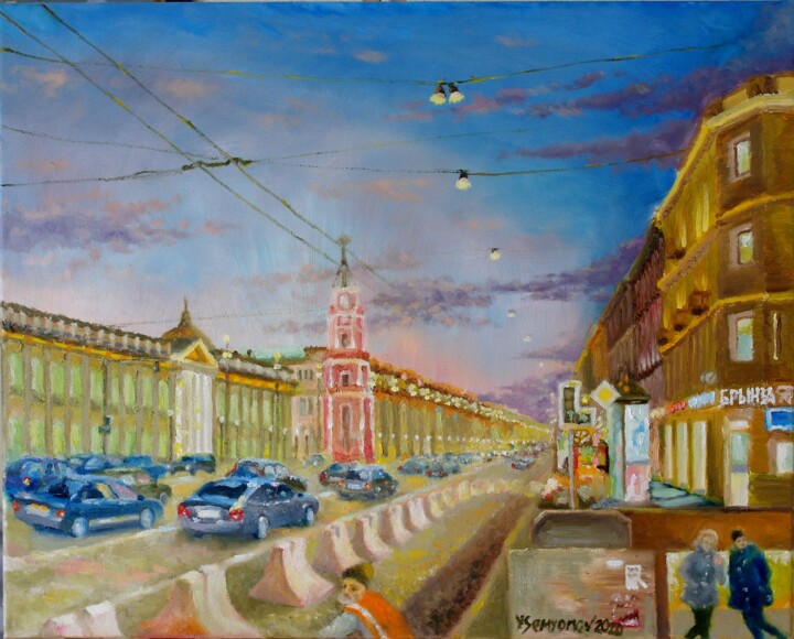 Pittura intitolato "Evening Nevskiy in…" da Juri Semjonov, Opera d'arte originale, Olio Montato su Telaio per barella in leg…