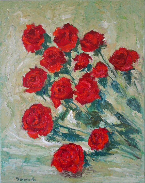 Peinture intitulée "Red Roses 2" par Juri Semjonov, Œuvre d'art originale, Huile Monté sur Châssis en bois