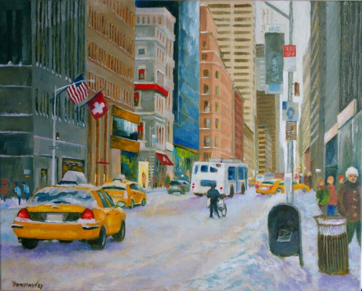 Painting titled "New York, Winter St…" by Juri Semjonov, Original Artwork, Oil Mounted on Wood Stretcher frame
