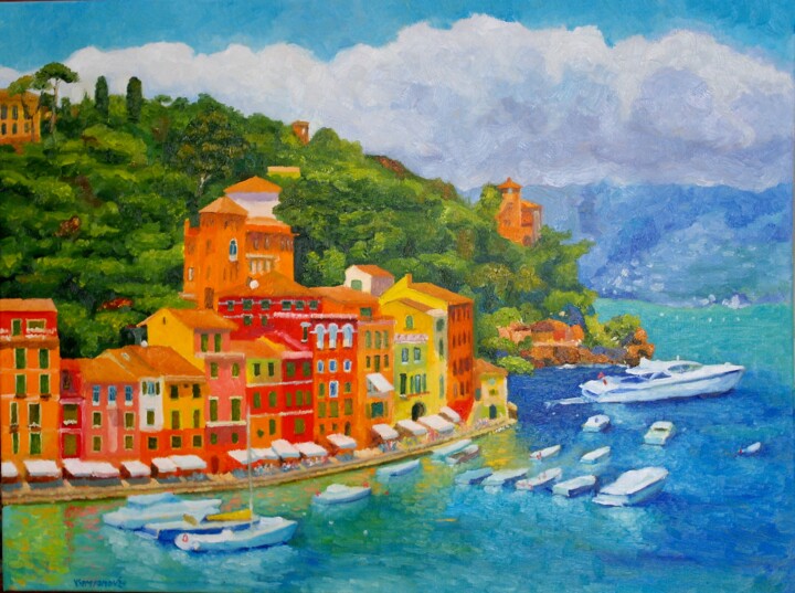 Schilderij getiteld "Portofino" door Juri Semjonov, Origineel Kunstwerk, Olie Gemonteerd op Frame voor houten brancard