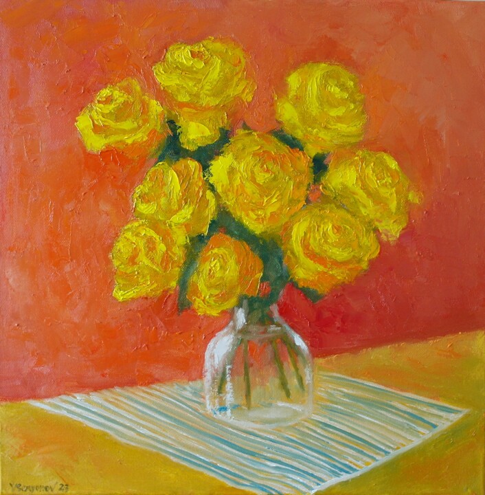 Картина под названием "Golden Roses" - Juri Semjonov, Подлинное произведение искусства, Масло Установлен на Деревянная рама…