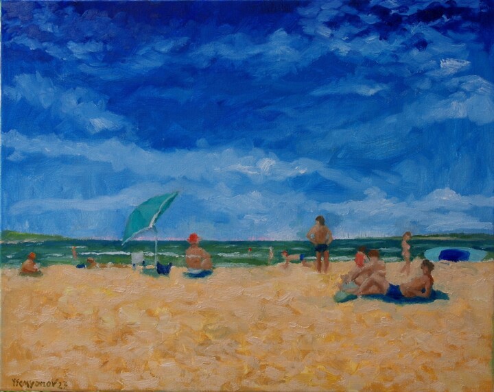 Painting titled "Beach Stories #1" by Juri Semjonov, Original Artwork, Oil Mounted on Wood Stretcher frame