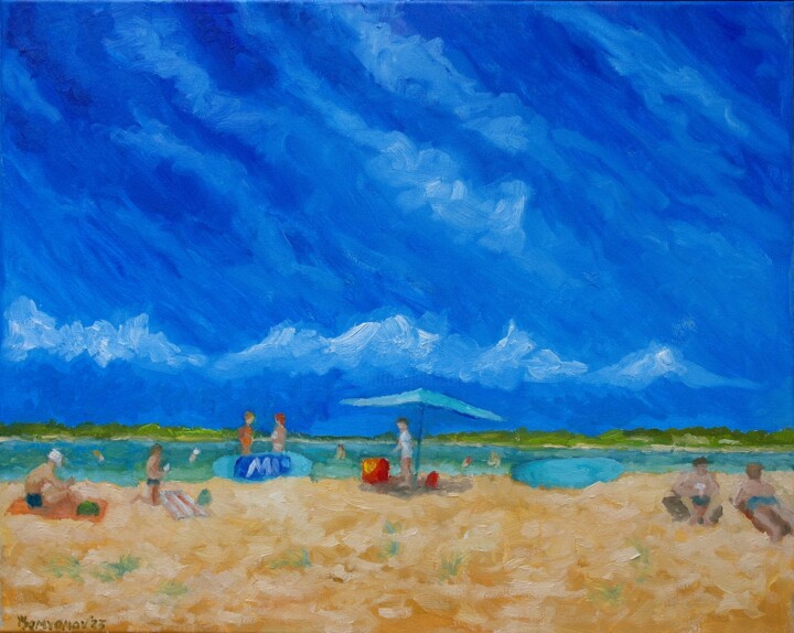 Painting titled "Beach Stories #2" by Juri Semjonov, Original Artwork, Oil Mounted on Wood Stretcher frame