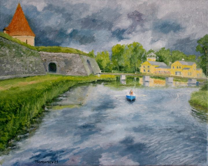 Painting titled "Boat Kuressaare Cas…" by Juri Semjonov, Original Art, Oil