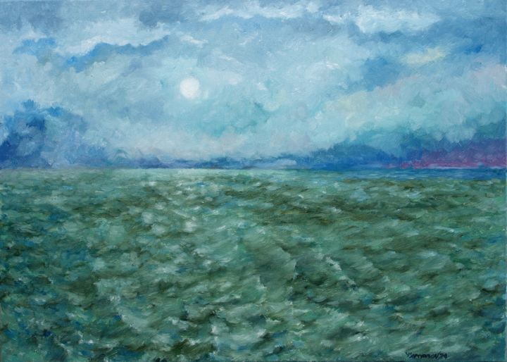 Painting titled "Night Sea Moonlight…" by Juri Semjonov, Original Art, Oil