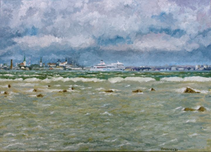 Painting titled "Tallinn Storm Seavi…" by Juri Semjonov, Original Art, Oil