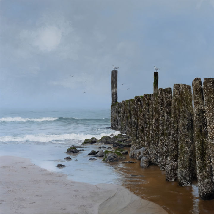 제목이 "Strandpalen (Beach…"인 미술작품 Jurjen Rolf로, 원작, 기름 목재 패널에 장착됨