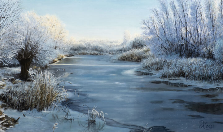 Painting titled "Winter" by Jurjen Rolf, Original Artwork, Oil Mounted on Wood Panel