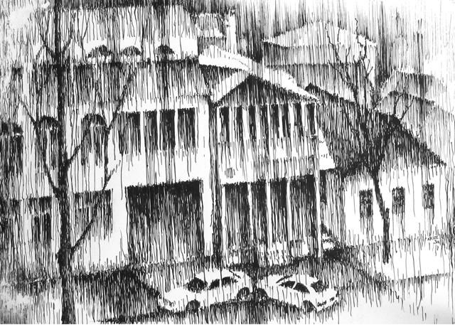 Disegno intitolato "Rain in Zaporozhye" da Kalashnikov Jury, Opera d'arte originale