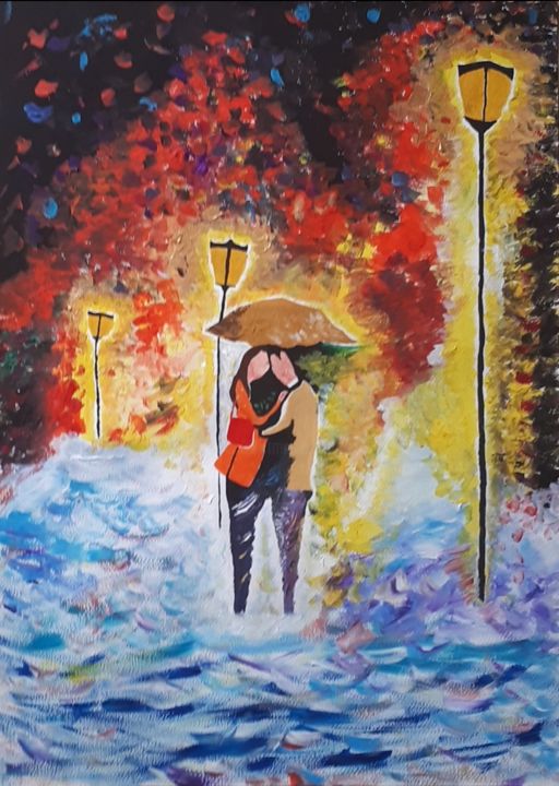 Painting titled "Love in the rain" by Justine De Meerschman, Original Artwork, Acrylic