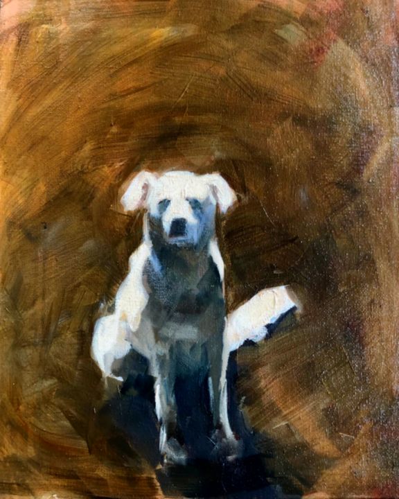 Painting titled "Dog I" by Justine Lemaire, Original Artwork, Oil Mounted on Wood Panel