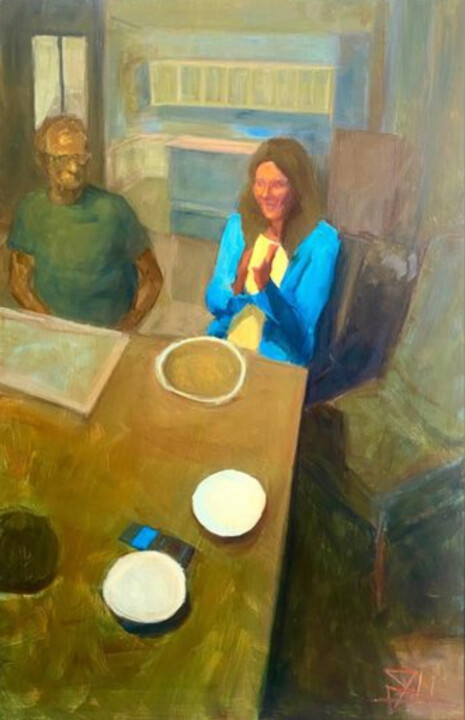 Painting titled "Private Party" by Justine Lemaire, Original Artwork, Oil Mounted on Wood Stretcher frame