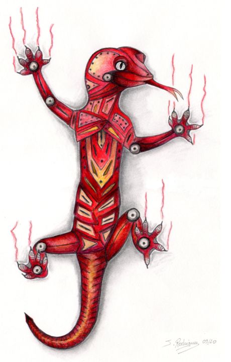 Drawing titled "Gecko mécanique tat…" by Justine Rodriguez, Original Artwork, Pencil