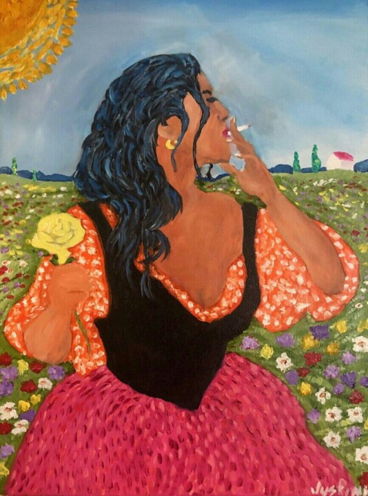 Painting titled "Flower girl" by Justin Myers, Original Artwork, Oil