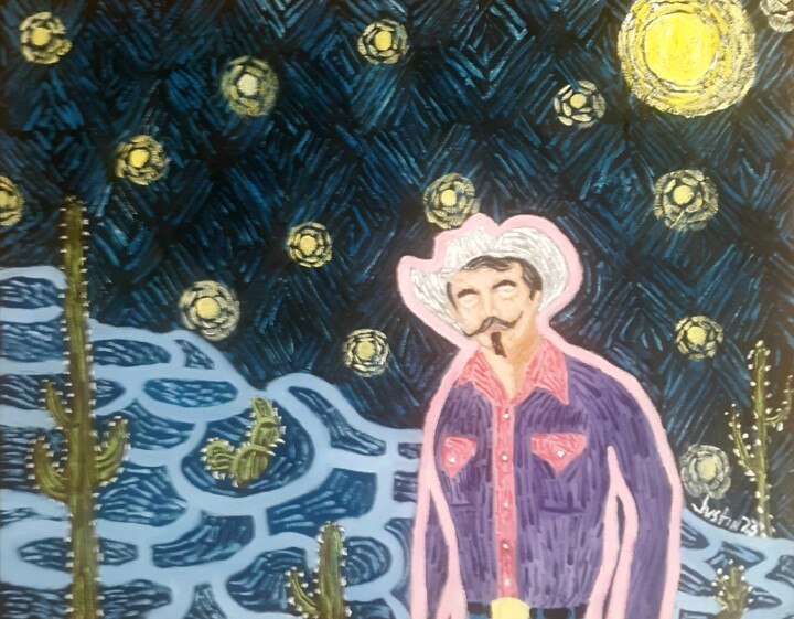 Painting titled "Neon cowboy" by Justin Myers, Original Artwork, Oil