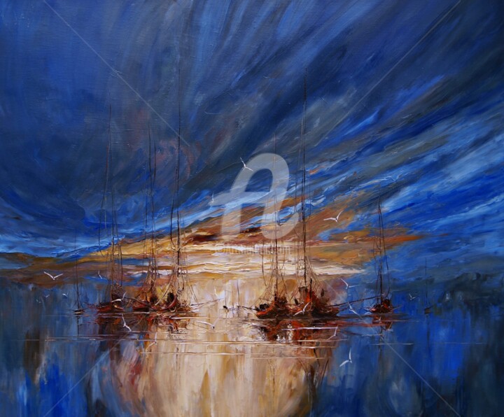 Peinture intitulée "Boats 02" par Justyna Kopania, Œuvre d'art originale, Huile Monté sur Châssis en bois