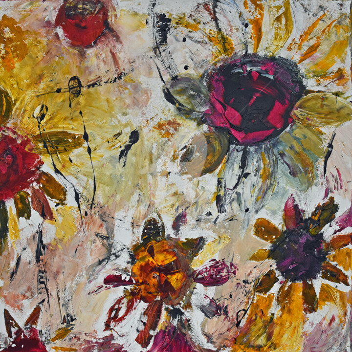 Malerei mit dem Titel "Sunflowers" von Jutta Jung, Original-Kunstwerk, Acryl Auf Keilrahmen aus Holz montiert