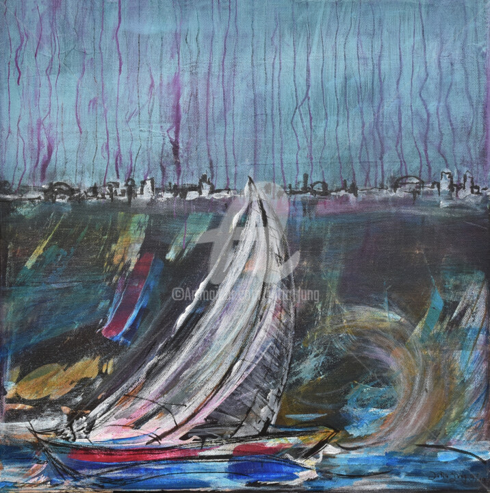 Malerei mit dem Titel "The Storm - Im Sturm" von Jutta Jung, Original-Kunstwerk, Acryl Auf Keilrahmen aus Holz montiert