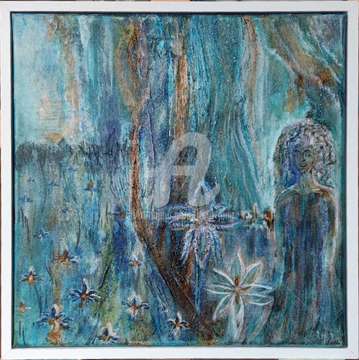 Painting titled "Undine with Waterli…" by Jutta Jung, Original Artwork, Acrylic Mounted on Wood Stretcher frame