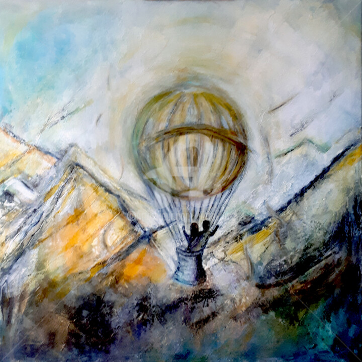 Painting titled "Up up and away..." by Jutta Jung, Original Artwork, Acrylic Mounted on Wood Stretcher frame