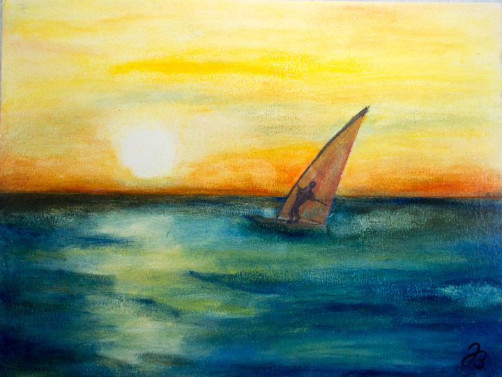 Malerei mit dem Titel "Windsurfer im Sonne…" von Jutta Blühberger, Original-Kunstwerk, Pigmente