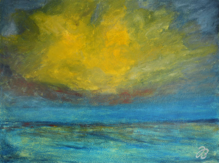 Malerei mit dem Titel "Gelbe Gewitterwolke" von Jutta Blühberger, Original-Kunstwerk, Wachs