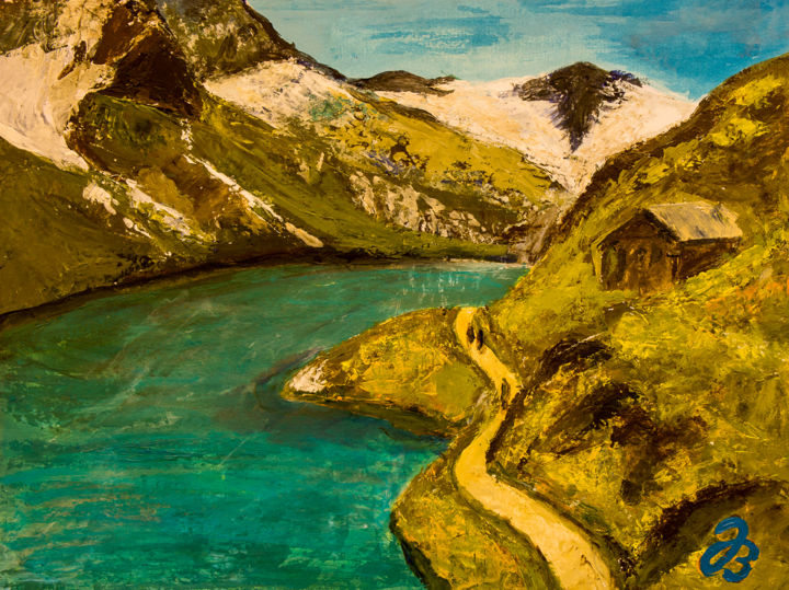 Painting titled "Stausee Kaprun" by Jutta Blühberger, Original Artwork, Acrylic