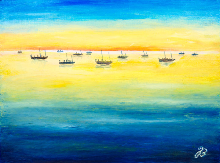 Peinture intitulée "Boote am Horizont *…" par Jutta Blühberger, Œuvre d'art originale, Pigments
