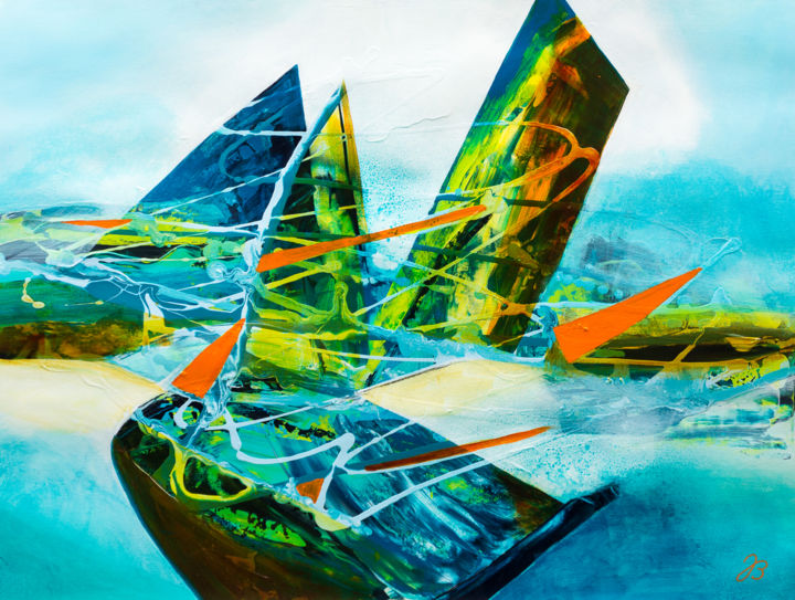 Malerei mit dem Titel "Segelboote * Sailin…" von Jutta Blühberger, Original-Kunstwerk, Acryl