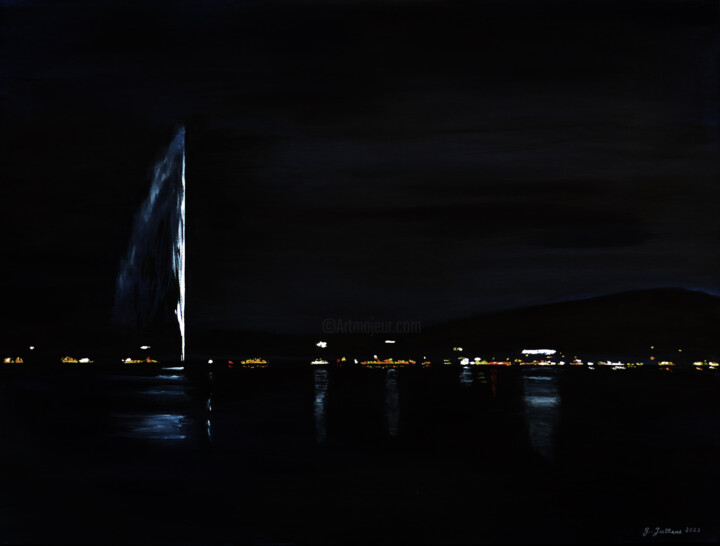 Painting titled "Genève la nuit" by Geneviève Juttens-Lambilotte, Original Artwork, Acrylic
