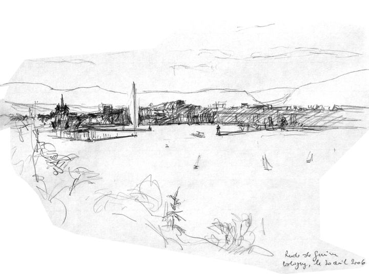 「Rade de Genève vue…」というタイトルの描画 Philippe Juttensによって, オリジナルのアートワーク, 鉛筆