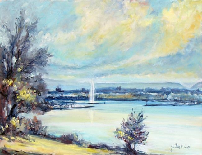 Painting titled "Rade de Genève en j…" by Philippe Juttens, Original Artwork, Oil