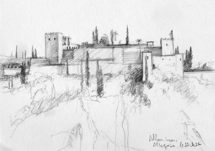 Dessin intitulée "L'Alcazaba de l'Alh…" par Philippe Juttens, Œuvre d'art originale, Crayon