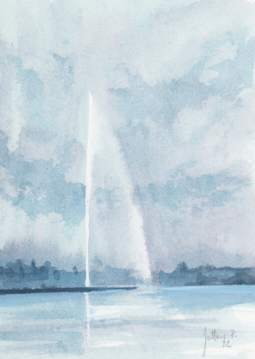 Peinture intitulée "Jet d'eau bleuté" par Philippe Juttens, Œuvre d'art originale, Aquarelle