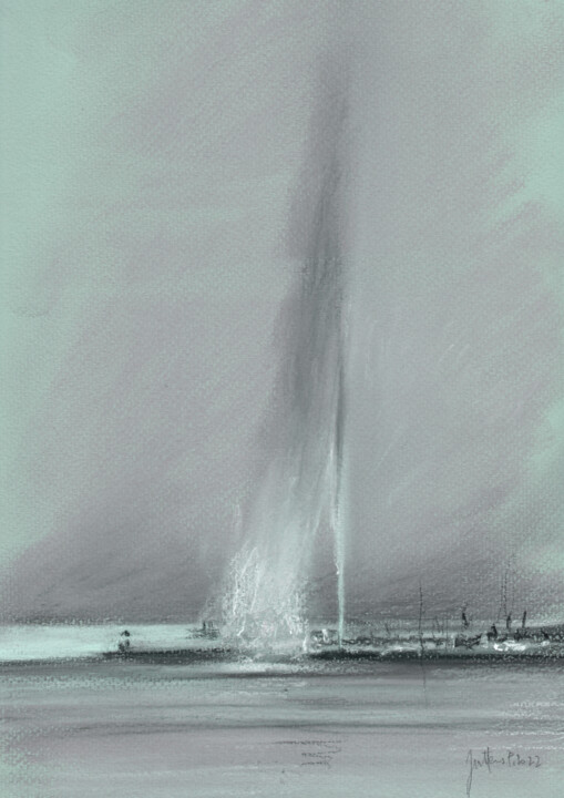 Dessin intitulée "Jet d'eau de Genève…" par Philippe Juttens, Œuvre d'art originale, Pastel