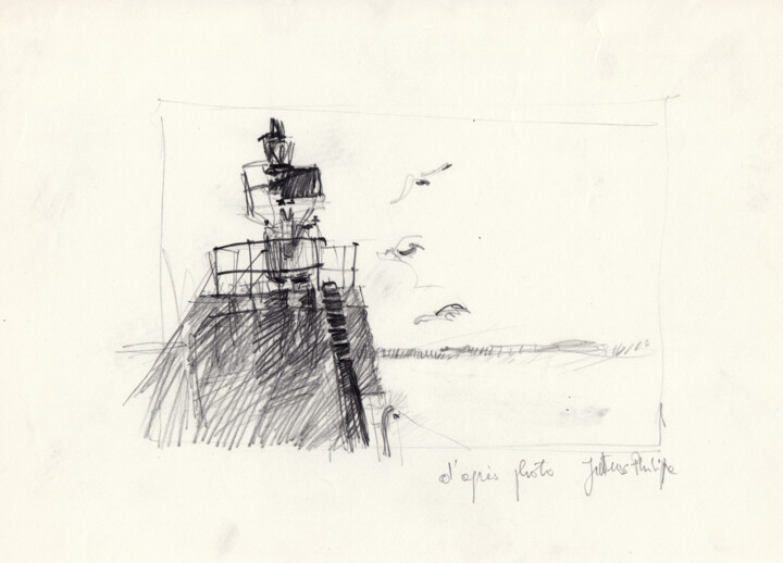 Dessin intitulée "Phare sur jetée" par Philippe Juttens, Œuvre d'art originale, Crayon