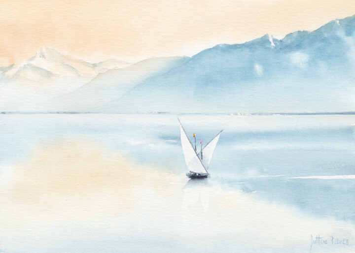 Schilderij getiteld "Haut lac Léman avec…" door Philippe Juttens, Origineel Kunstwerk, Aquarel