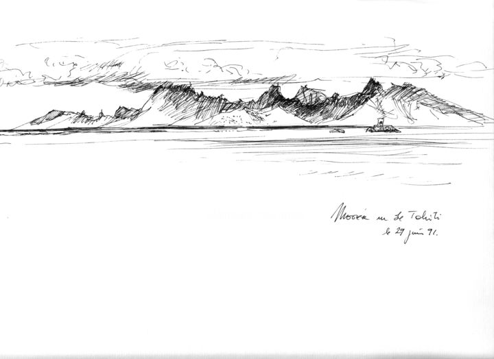 Drawing titled "Moorea vue de Tahiti" by Philippe Juttens, Original Artwork, Ink
