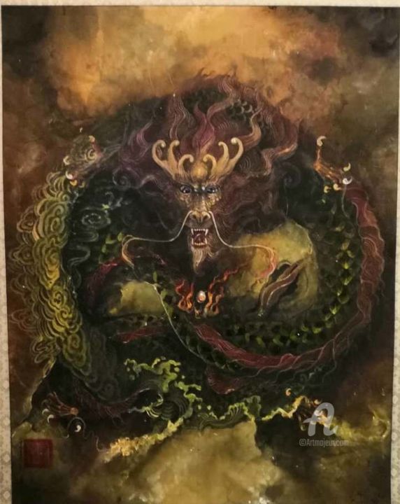Painting titled "The Great Naga- Anc…" by Jvala Denzen, Original Artwork, Acrylic Mounted on Wood Stretcher frame