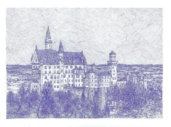 Painting titled "Neuschwanstein - Pi…" by Jose Vicente Sánchez Sacristán, Original Artwork, Ballpoint pen