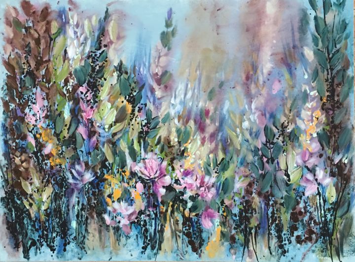 Painting titled "Violet Mallow" by Khrystyna Kozyuk, Original Artwork, Acrylic