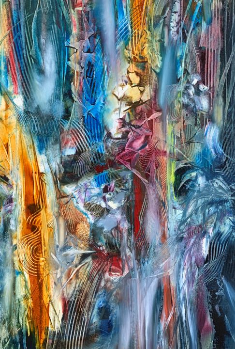 Painting titled "Mystical garden" by Khrystyna Kozyuk, Original Art, Oil Mounted on Wood Panel