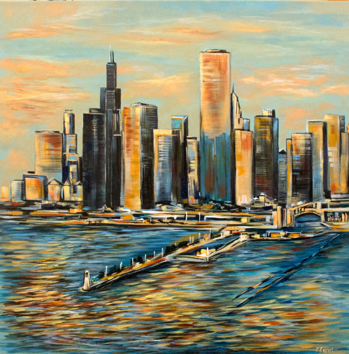 Schilderij getiteld "Chicago Cityscape" door Khrystyna Kozyuk, Origineel Kunstwerk, Acryl