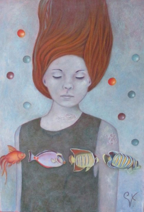Painting titled "Seuls les poissons…" by K-Let, Original Artwork, Oil